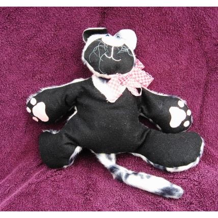 Sitting Cat Doll Handmade Black White Faux Fur 16 inches tall Adjust Position
