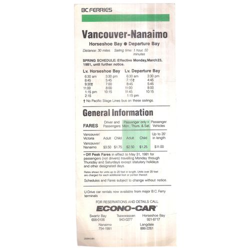 MAINLAND VANCOUVER ISLAND, CANADA .BC FERRIES Timetable ..1981 leaflet #