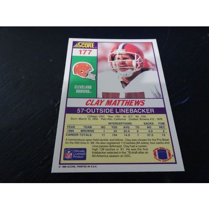 1990 Score Football Card # 177 Clay Matthews Excellent-Mint (6) Cleveland Browns