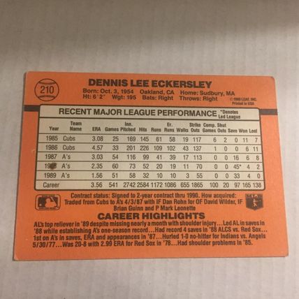 1989 Donruss Oakland Athletics Hall of Famer Dennis Eckersley Trading Card #210