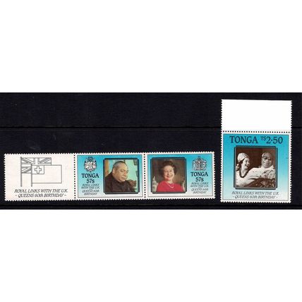 TONGA 1986 60TH BIRTHDAY QUEEN ELIZABETH II SET OF 3 & LABEL MINT NEVER HINGED