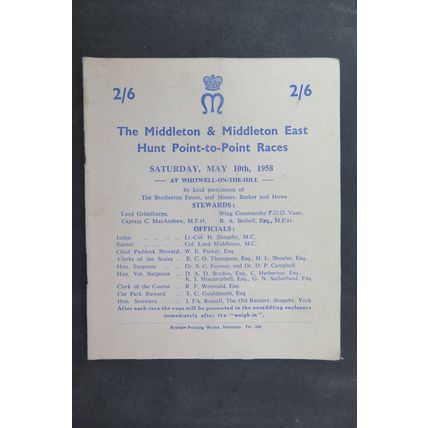 1958 MIDDLETON & MIDDLETON EAST HUNT POINT TO POINT RACECARD @ WHITWELL
