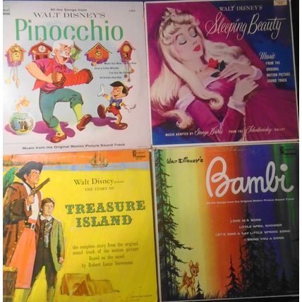 Treasure Island, Sleeping Beauty, Bambi, Pinnochio - Lot of 4 vintage Disney LPs