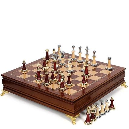 Luxury Metal + Solid Wood Chess Set – 40x40cm Folding Board with Storage