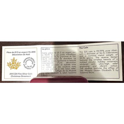 30.76 Grams Silver Collectible 2015 Christmas Ornament-Royal Canadian Mint