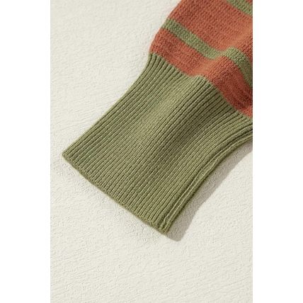 Brown Stripe Trimmed Round Neck Drop Shoulder Loose Sweater
