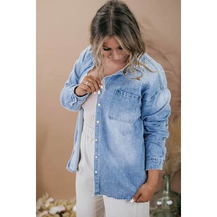 Sky Blue Plus Size Chest Pocket Button-Up Denim Shacket
