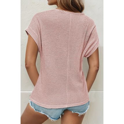 Light Pink Lace Patchwork Waffle Short Sleeve Top