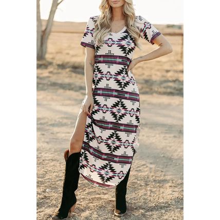 Beige Western Aztec Printed Long T-shirt Dress
