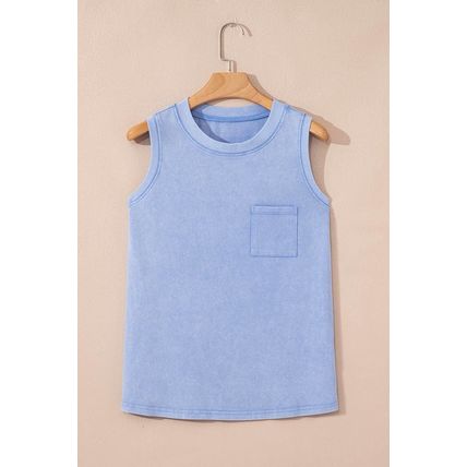 Beau Blue Mineral Wash Patched Chest Pocket Casual Tank Top