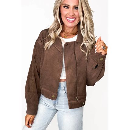 Dark Khaki Button Zip Up Lapel Collar Corduroy Jacket