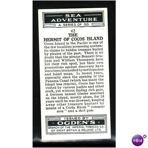 Ogden's Cards 1939 Sea Adventure No 42 The Hermit of Cocos Island Fine Mint