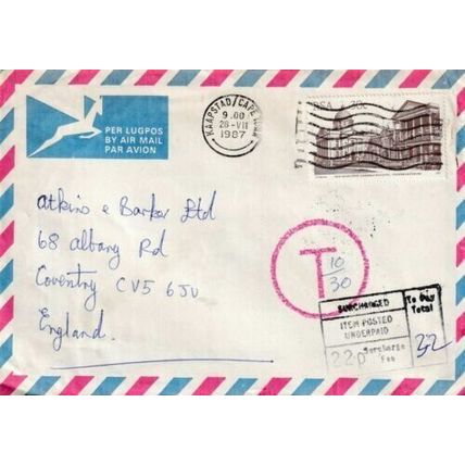 South Africa 1987 Cape Town-Coventry 32p Surcharge Airirmail Cover written VGC