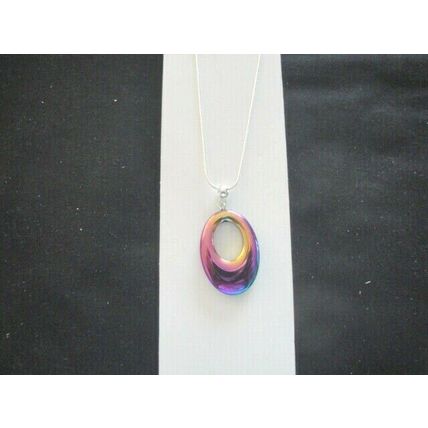 Reversible 29x16mm rainbow titanium Helios glass pendant & snake chain necklace