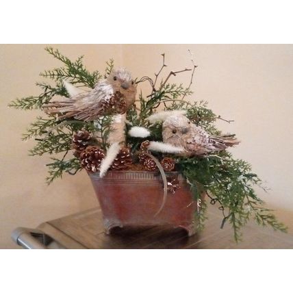 Artificial Winter Arrangement: 2 Beige Birds-White Plumes-Greenery in Metal Vase