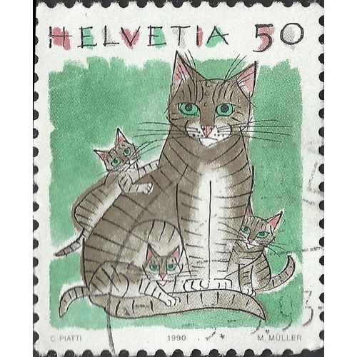 SWITZERLAND, CAT, Domestic Cat family, green 1990, 50SF, #3