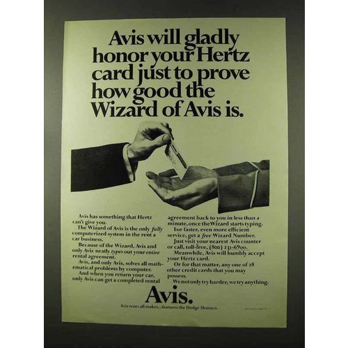1973 Avis Rent-a-Car Ad - Honor Your Hertz Card