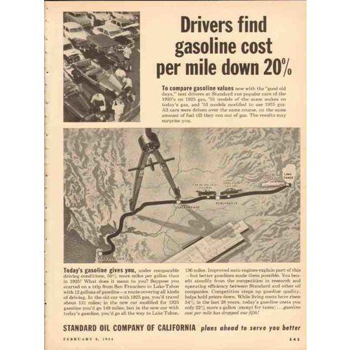 STANDARD OIL COMPANY OF CALIFORNIA 1954 gasoline cost down vintage ad