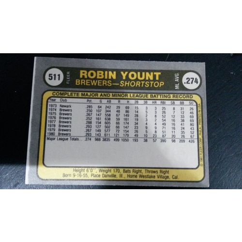 1981 Fleer Card # 511 Robin Yount Very Good Excellent (4) Milwaukee Brewers