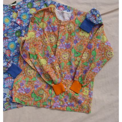 2 Scrub Tops S 42 Chest Blue Orange Prints Long sleeve Clearance