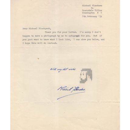 Michael Flanders 1950s Comedian Singer Hand Signed Letter