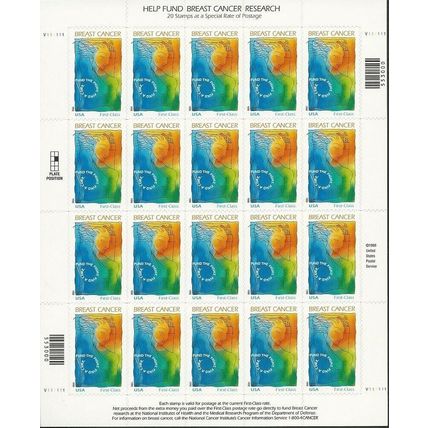 Breast Cancer Research Sheet of 20 Semi-Postal - Postage Stamps Scott B1