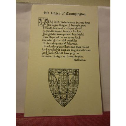 SIR ROGER OF TRUMPINGTON, TOMB ENGRAVING, Cambridgeshire unused postcard =