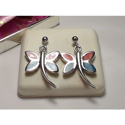 Estate 2 Sided Blue & Red Enamel DragonFly Sterling Silver Dangle Earrings#19090