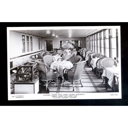 LS3853 - Cunard Liner - Queen Elizabeth - 1st Class Garden Lounge - postcard