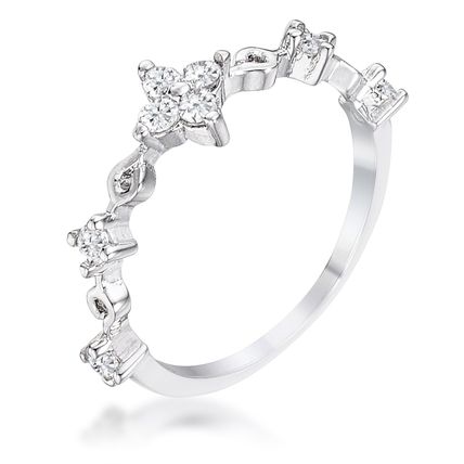 24Ct Rhodium Plated Clear CZ Mini Floral Half Eternity Stackable Band