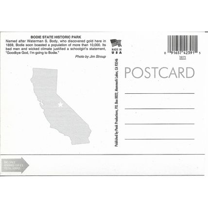Bodie, California Ghost Town, USA - Photographic Postcard, Unposted