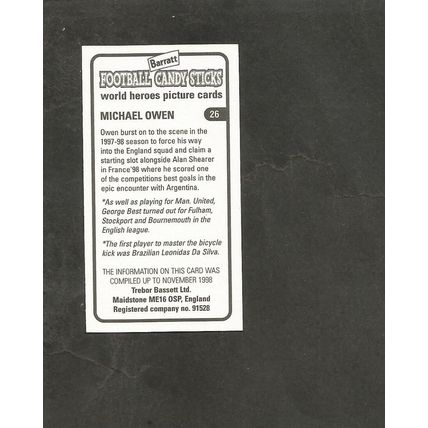 Bassett Sweet Cigarettes 1998 World Cup Heroes #26 Michael Owen