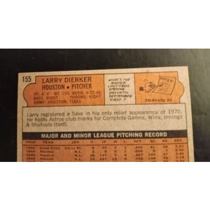 Topps 1972 #155 Larry Dierker Huston Astros Pitcher 6.0 Excellent/Mint Condition