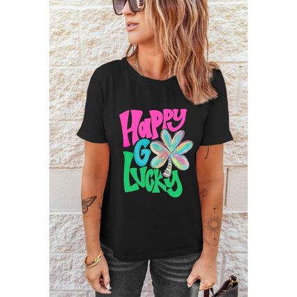 Black Happy GO Lucky Clover Print Crew Neck T Shirt