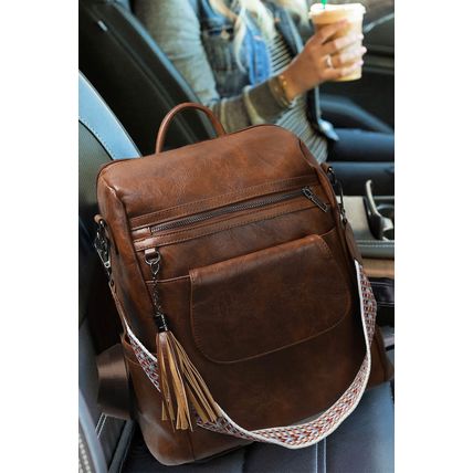 Dark Brown Tassel Decor Retro PU Large Capacity Backpack