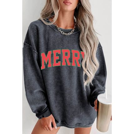Gray MERRY Graphic Corded Pullover Sweatshirt