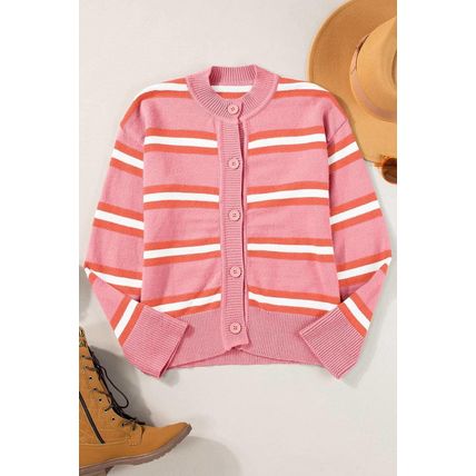 Pink Stripe Drop Shoulder Buttons Cardigan Sweater