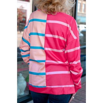 Rose Stripe Color Block Crewneck Long Sleeve Plus Size T Shirt