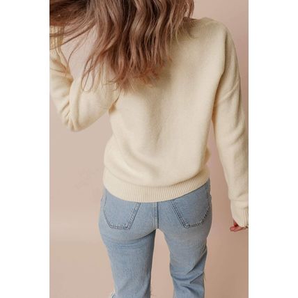 Beige Knitted Flower Pattern Ribbed Edge Sweater