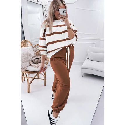 Brown Stripe Striped Drop Shoulder Pullover and Jogger Pants Set