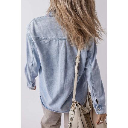 Beau Blue Long Sleeve Buttoned Chest Pocket Denim Shacket