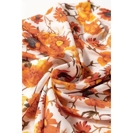 Orange Floral Printed Bell Sleeve Mock Neck Scallop Trim Blouse