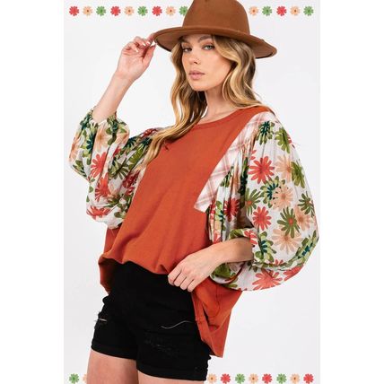 Desert Gold Floral Puff Sleeve Patchwork Round Neck Blouse