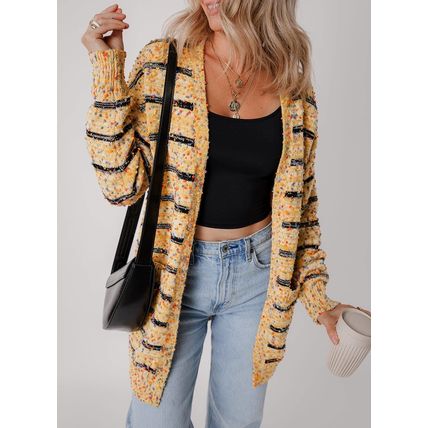 Beige Striped Pom Pom Knit Open Front Long Cardigan