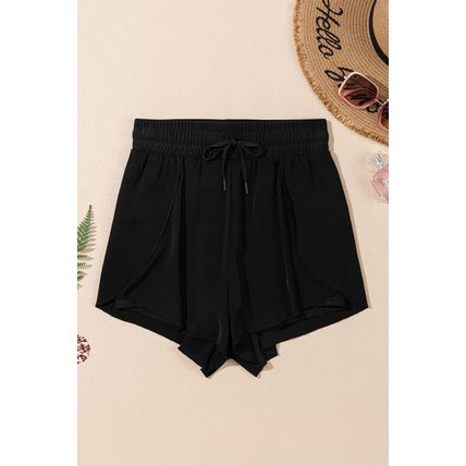Black High Waisted Drawstring 2-in-1 Side Pocket Color Block Bikini Shorts