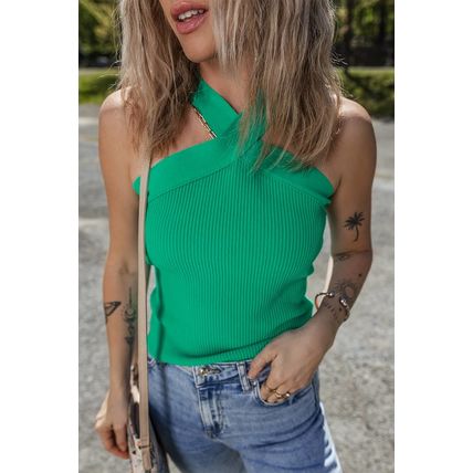 Dark Green Ribbed Criss Cross Halter Neck Sheath Sweater Tank Top