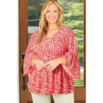 Red Plus Size Floral V Neck Flared Bracelet Sleeve Blouse
