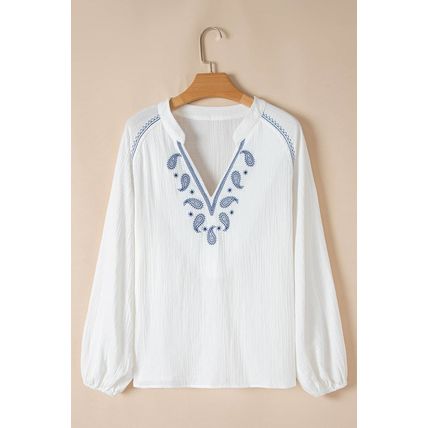 White Paisley Embroidered Textured Split Neck Long Puff Sleeve Blouse