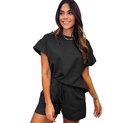 Black 2pcs Solid Textured Drawstring Shorts Set