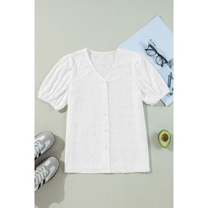 White Lace Puff Sleeve V Neck Button Up Shirt
